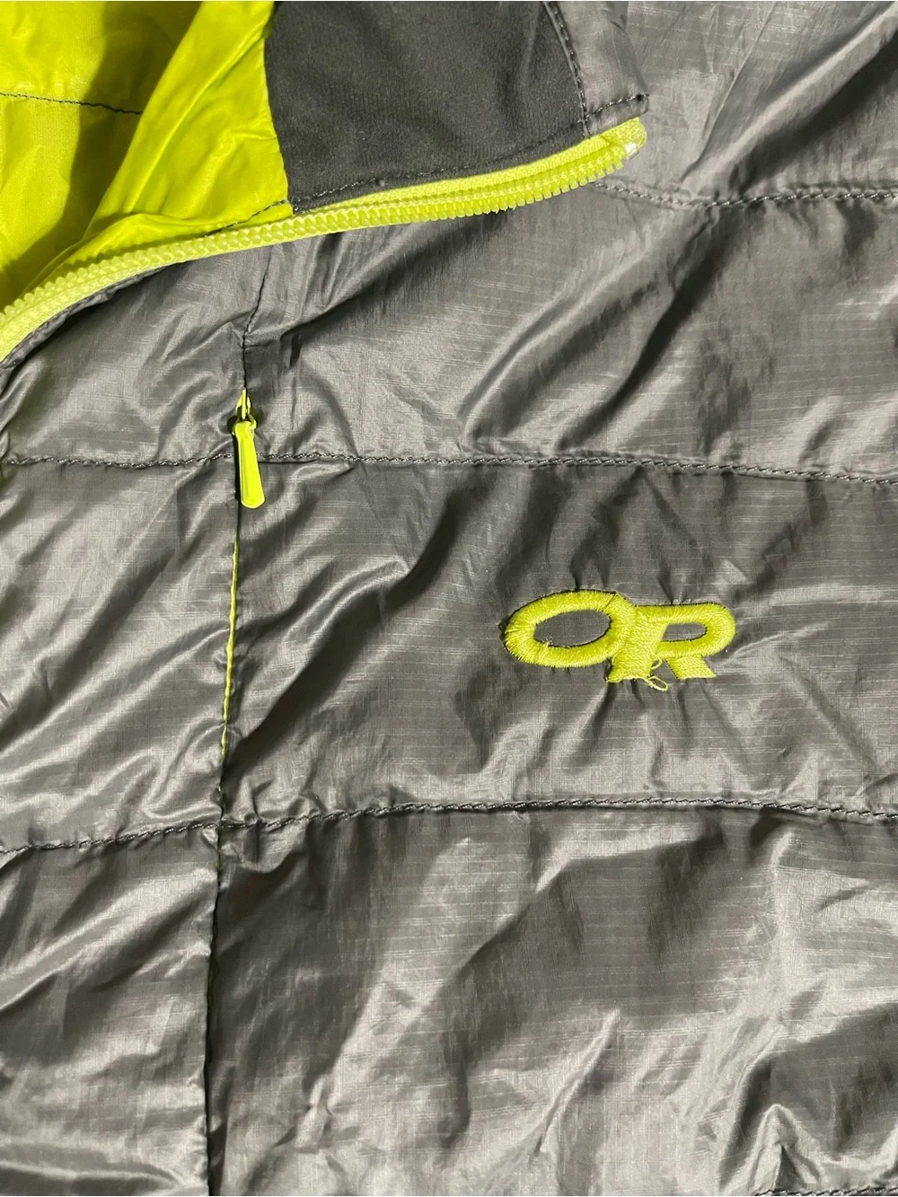 Outdoor Research Transcendent Down Jacket Mens L Gray Neon Goose Puffer **READ**